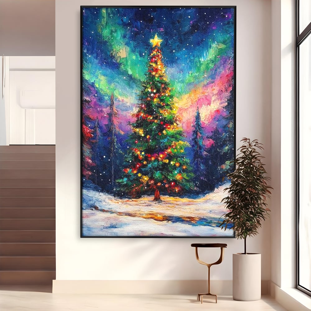 Tablou canvas cu tablou canvas cu brad de craciun si aurora boreala, in rama de aluminiu negru